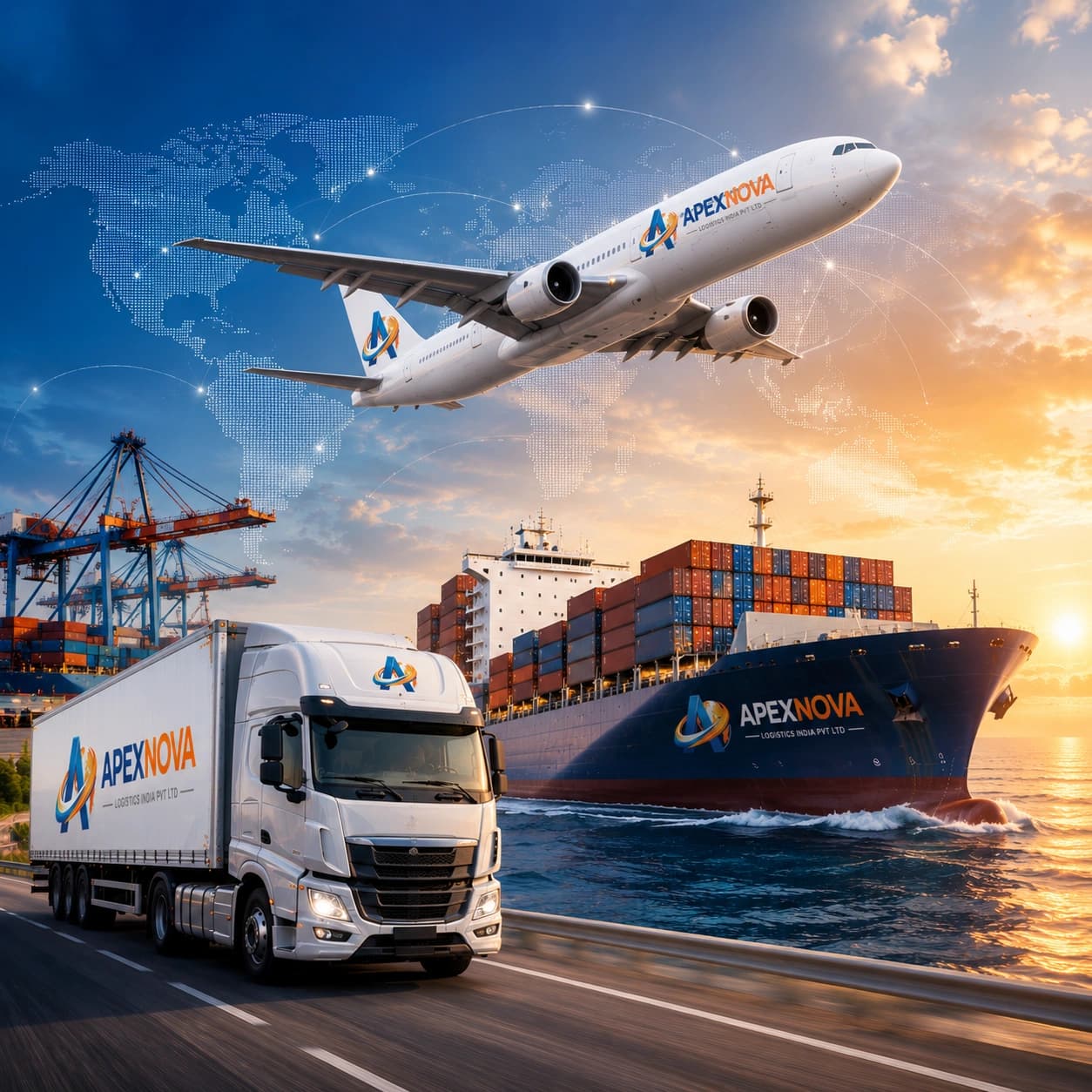 Apexnova Logistics multimodal freight — branded truck, cargo aircraft and container ship at sunset